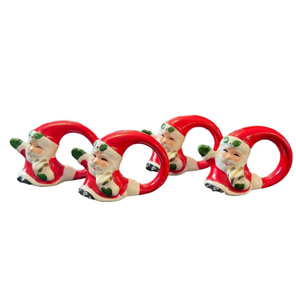 Santa Claus Ceramic Napkin‎ Rings (Lot of 4) Vintage Holiday Christmas